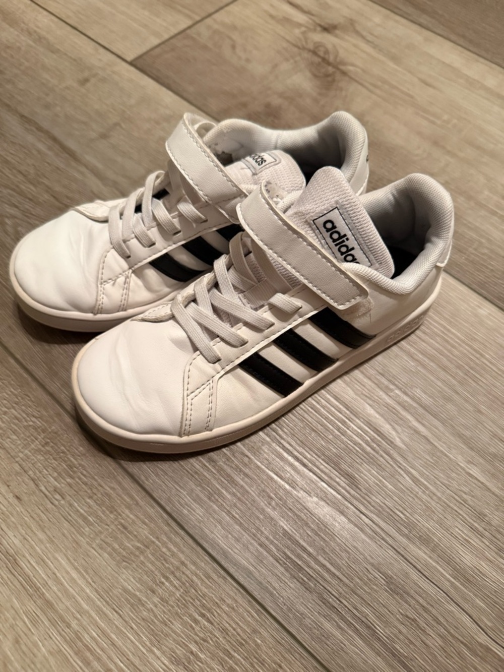 adidas Kids White Sneakers with Black Stripes Velcro